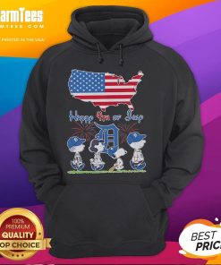 Detroit Tigers Snoopy and friends celebrate 4th of July in American flag hoodie, perfect for baseball fans.