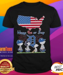 Alt Text: Detroit Tigers Snoopy and Friends Happy 4th of July Flag American T-Shirt design featuring festive colors and characters.