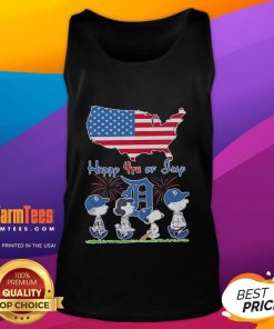 Happy 4th of July tank top featuring Snoopy and friends with the Detroit Tigers logo and American flag design.