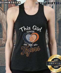 Girl wearing a Detroit Tigers heart fingerprint tank top, showcasing her love for the team and stylish fan fashion.