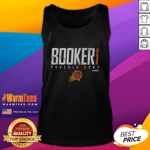 Devin Booker wearing a stylish Phoenix Suns tank top, showcasing team pride and sports fashion for fans.