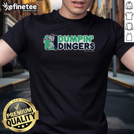 Alt Text: Cal Raleigh MLBPA T-Shirt featuring 'Nice Dumpin' Dingers' slogan, perfect for baseball fans and collectors.