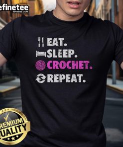 Alt Text: Retro T-shirt design featuring 'Eat Sleep Crochet Repeat' for crafty families who love crochet projects.