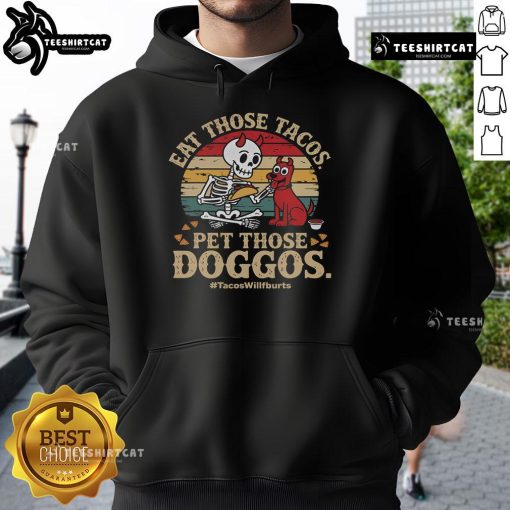 Adorable skeleton dog wearing a hoodie, enjoying tacos at a fun pet-friendly event - Nice Eat Those Tacos!