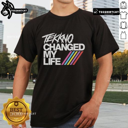 Alt Text: Nice Electric Callboy Tekkno Changed My Life T-Shirt featuring vibrant design and bold text for music fans.