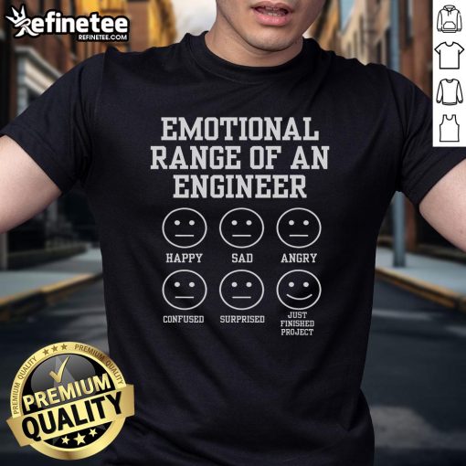 Funny engineering faces graphic on a t-shirt showcasing the nice emotional range of an engineer in a playful design.