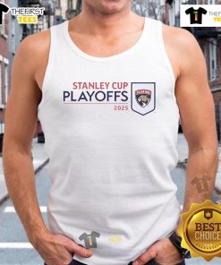 Florida Panthers 2025 NHL Stanley Cup Playoffs Champions tank top featuring vibrant team colors and logo design.