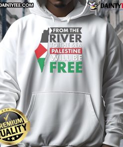 Palestine map hoodie featuring 'From the river to the sea, Palestine will be free' design in vibrant colors.