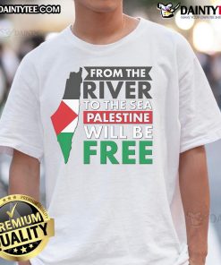 Palestine map t-shirt featuring 'From the river to the sea, Palestine will be free' slogan in bold design.