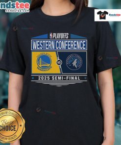 Alt Text: 2025 Western Conference Semifinal matchup tee featuring Golden State Warriors vs Minnesota Timberwolves design.