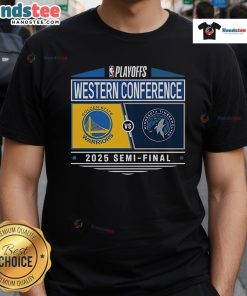 Golden State Warriors vs Minnesota Timberwolves 2025 Western Conference Semifinal T-Shirt featuring team logos and vibrant colors.