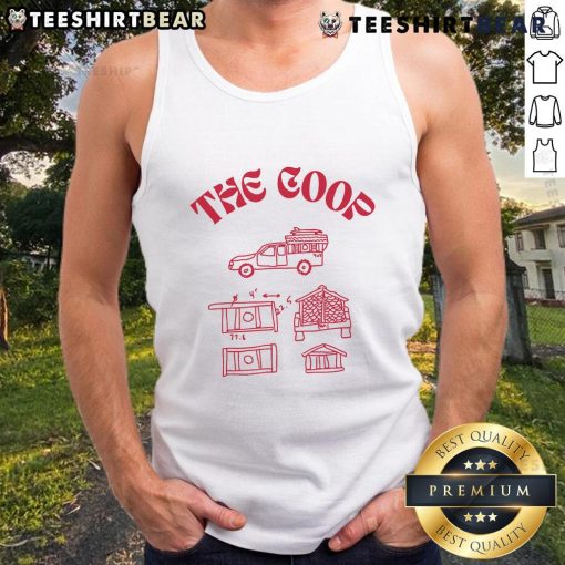 Stylish goth babe wearing The Coop tank top, showcasing edgy fashion and unique style in a vibrant outdoor setting.