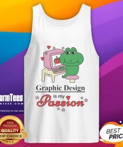 Alt Text: Tom Bingham tank top featuring a colorful graphic design with the phrase 'Nice Graphic Design Is My Passion.'
