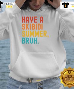 Funny teacher wearing a 'Nice Have A Skibidi Summer Bruh' hoodie on the last day of school, celebrating summer vibes.
