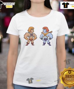 Stylish ladies tee featuring He-Man and Faker, perfect for fans of classic animation and pop culture fashion.