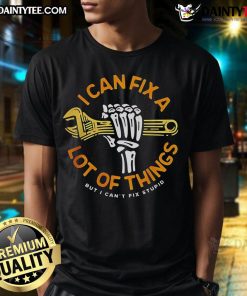 Alt Text: Funny 'I Can Fix A Lot Of Things But I Can't Fix Stupid' T-Shirt design for humor lovers and DIY enthusiasts.
