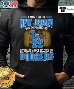 Person wearing a Dodgers hoodie, showcasing pride for the team despite living in New Jersey on game day.
