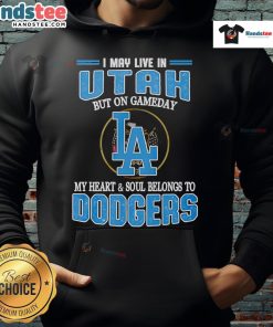 Alt Text: Person wearing a Dodgers hoodie in Utah, showcasing loyalty with text 'On Gameday, My Heart Belongs to Dodgers.'