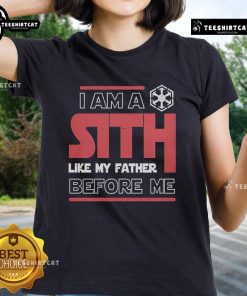 Star Wars ladies tee featuring the quote 'Nice, I'm a Sith like my father before me' on a stylish design.