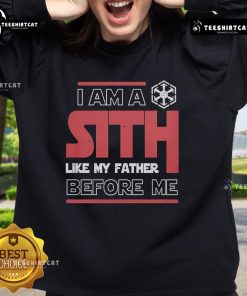 Stylish 'Nice, I'm a Sith Like My Father Before Me' Star Wars sweatshirt featuring iconic Sith imagery and bold text.