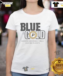 Ladies' blue and gold tee featuring the Nice Indiana Pacers logo for the 2025 NBA Eastern Conference Finals.