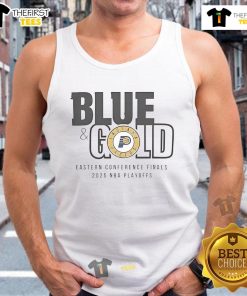 Alt Text: Stylish Nice Indiana Pacers blue and gold tank top for the 2025 NBA Eastern Conference Finals, perfect for fans.