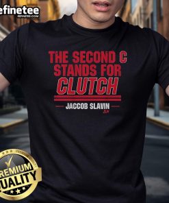 Nice Jaccob Slavin The Second C Stands For Clutch T-Shirt featuring bold graphics and vibrant colors for hockey fans.
