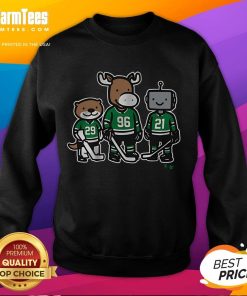 Jake Oettinger, Mikko Rantanen, and Jason Robertson wearing 'Otter Moose and Robo' sweatshirt in a vibrant hockey setting.