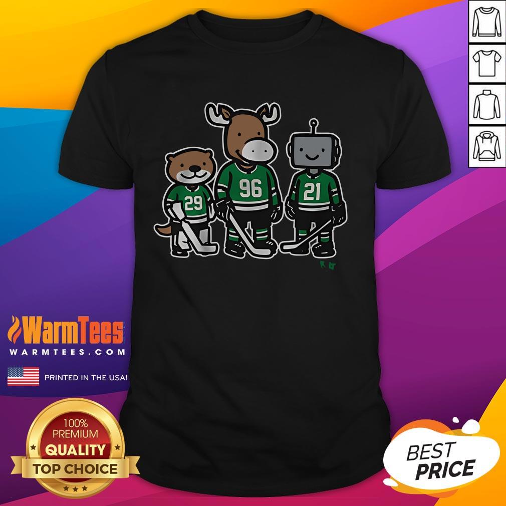 Nice Jake Oettinger Mikko Rantanen And Jason Robertson Otter Moose And Robo T-Shirt Jake Oettinger, Mikko Rantanen, and Jason Robertson on a fun Otter Moose Robo T-Shirt for hockey fans.