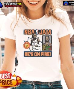 Alt Text: Jalen Brunson New York Knicks homage NBA Jam ladies tee featuring vibrant graphics and bold team colors.