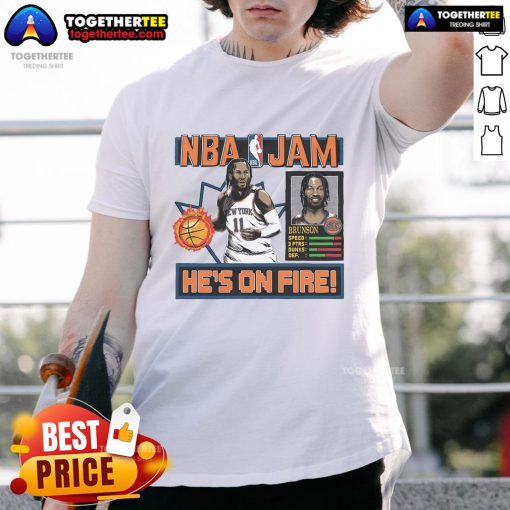 Jalen Brunson New York Knicks Homage NBA Jam T-Shirt featuring vibrant design and team colors, perfect for fans.