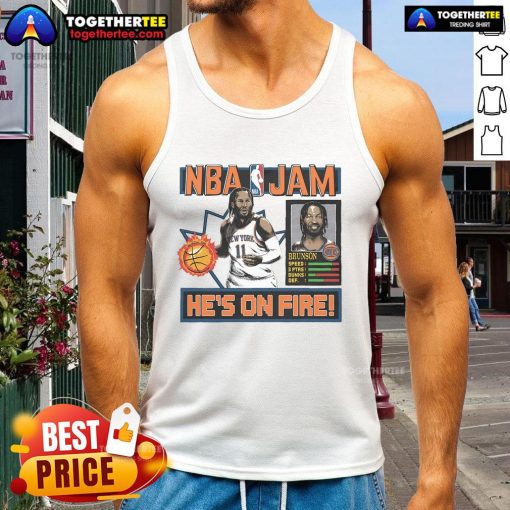 Jalen Brunson wearing a New York Knicks Homage NBA Jam tank top, showcasing team spirit and retro basketball style.