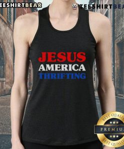 Nice Jesus America thrifting tank top featuring a bold graphic design, perfect for casual summer outfits and thrift lovers.