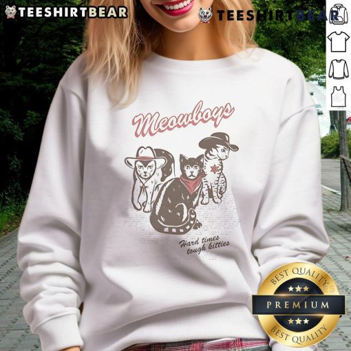 Nice Joywave Meowboys Hard Times Tough Kitties sweatshirt featuring playful cat graphics and vibrant colors.