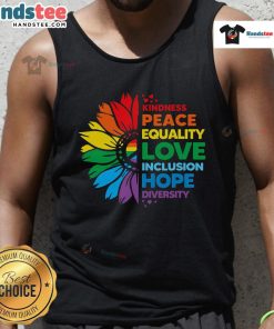 Colorful flower tank top featuring words like kindness, peace, and love, promoting diversity and inclusion.
