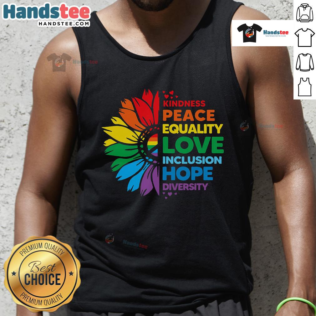 Nice Kindness Peace Equality Love Inclusion Hope Diversity Flower Tank Top Colorful flower tank top featuring words like kindness, peace, and love, promoting diversity and inclusion.