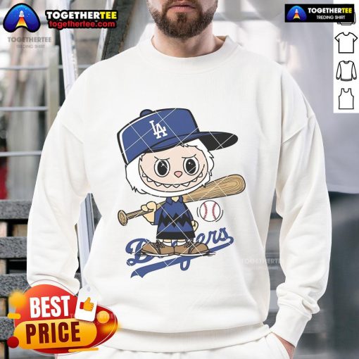 Nice Labubu Charlie Brown Los Angeles Dodgers sweatshirt featuring vibrant graphics and comfortable design.