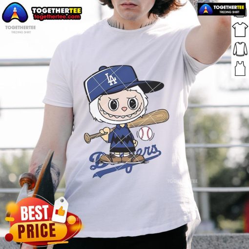 Nice Labubu Charlie Brown Los Angeles Dodgers T-Shirt featuring iconic cartoon design and team logo, perfect for fans.