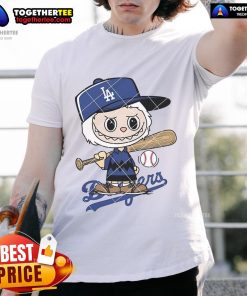 Nice Labubu Charlie Brown Los Angeles Dodgers T-Shirt featuring iconic cartoon design and team logo, perfect for fans.