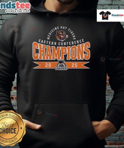 Alt Text: 2025 Nice Medicine Hat Tigers Eastern Conference Champions hoodie, showcasing team logo and vibrant colors.