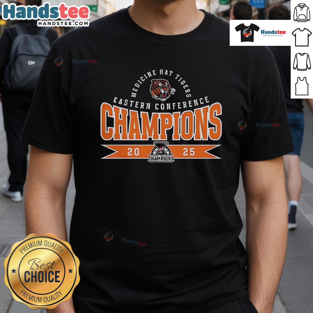 Nice Medicine Hat Tigers Eastern Conference Champions 2025 T Shirt Alt Text: 2025 Eastern Conference Champions T-Shirt featuring Nice Medicine Hat Tigers logo and vibrant design.