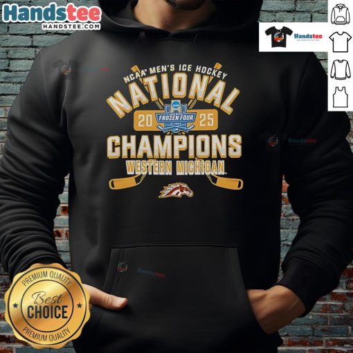 Nice Michigan Broncos 2025 NCAA Frozen Four Men's Ice Hockey National Champions hoodie in navy blue design.