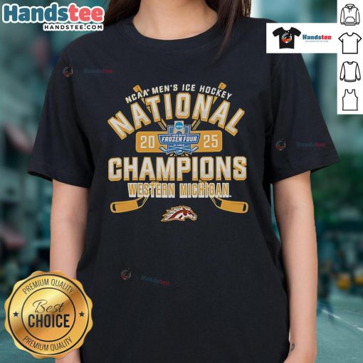 Alt Text: Nice Michigan Broncos 2025 NCAA Frozen Four Men's Ice Hockey National Champions ladies tee shirt design.