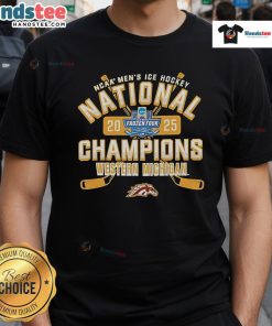 Nice Michigan Broncos 2025 NCAA Frozen Four Men's Ice Hockey National Champions T-Shirt in blue with team logo.