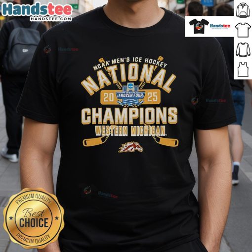 Nice Michigan Broncos 2025 NCAA Frozen Four Men's Ice Hockey National Champions T-Shirt in blue with team logo.