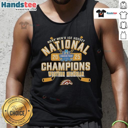 Nice Michigan Broncos 2025 NCAA Frozen Four Men's Ice Hockey National Champions tank top design featuring team colors.