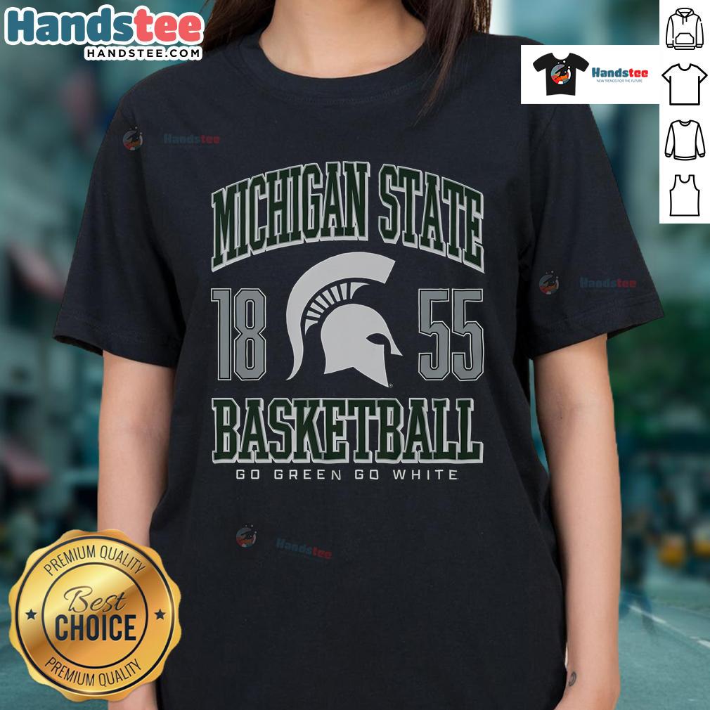 Nice Michigan State Spartans Basketball Ladies Tee Alt Text: Ladies' tee featuring Nice Michigan State Spartans basketball design, perfect for fans and game day wear.