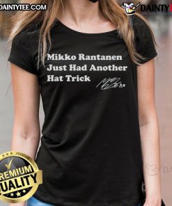 Mikko Rantanen celebrates another hat trick in stylish ladies tee, showcasing his skill and passion for hockey.