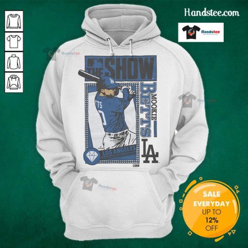 Nice MLB The Show Dodgers Mookie Betts hoodie showcasing vibrant team colors and player graphics.