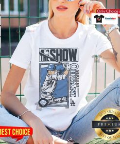 Alt Text: Nice MLB The Show Dodgers Shohei Ohtani Ladies Tee featuring vibrant graphics and comfortable fit for female fans.